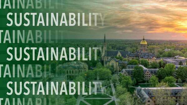 The word sustainability inset over an aerial view of campus.