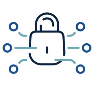 A graphic illustration of a padlock with its shackle closed, signifying security. Data represented as blue circles connect to the padlock with light blue lines, conveying a network connection.