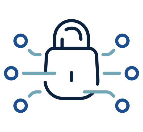 A graphic illustration of a padlock with its shackle closed, signifying security. Data represented as blue circles connect to the padlock with light blue lines, conveying a network connection.