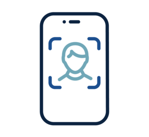 An illustration of a smartphone using facial recognition technology. The outline of a person's face is centered on the screen with brackets surrounding it.