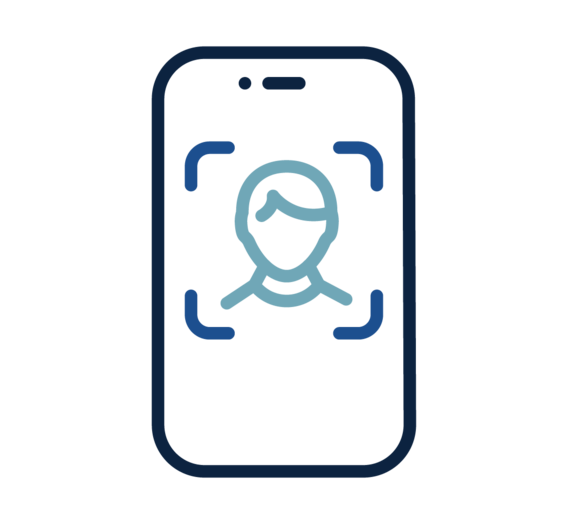 An illustration of a smartphone using facial recognition technology. The outline of a person's face is centered on the screen with brackets surrounding it.