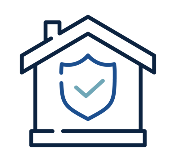 A line drawing of a house with a shield inside that features a checkmark, representing home security.