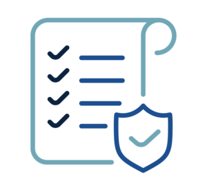 A checklist with a checkmark by each item and a shield icon with a checkmark layered on top.