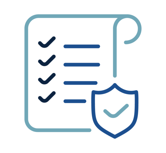 A checklist with a checkmark by each item and a shield icon with a checkmark layered on top.