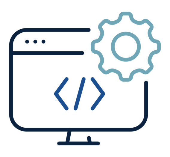 A desktop computer graphic with code brackets displayed on the monitor and a settings gear to the right.