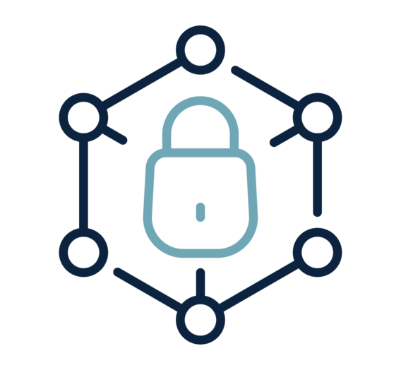 A graphic illustration of a padlock centered inside a hexagon shape formed by connecting circles and lines. This image represents the concept of cybersecurity.