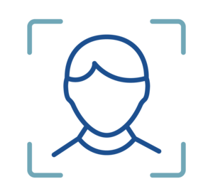 A blue line-art icon of a person's head and shoulders is centered is framed by four light blue corner brackets.
