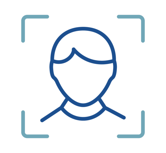 A blue line-art icon of a person's head and shoulders is centered is framed by four light blue corner brackets.