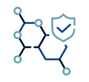 A blue hexagon with small circles at its connecting points, has a blue outline of a shield with a checkmark inside positioned next to it.