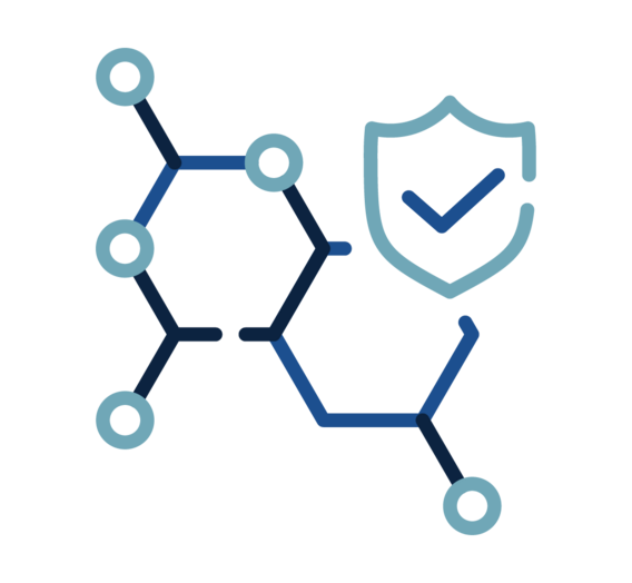 A blue hexagon with small circles at its connecting points, has a blue outline of a shield with a checkmark inside positioned next to it.