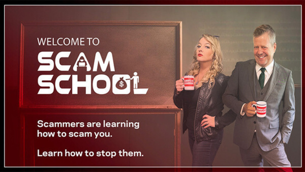 Ad image for Scam School featuring the two instructors standing by a sign that says "Welcome to Scam School"