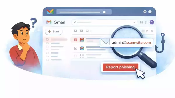 A confused person looks at a Gmail interface. A fishing hook symbol and a "Report phishing" button with a cursor are visible.