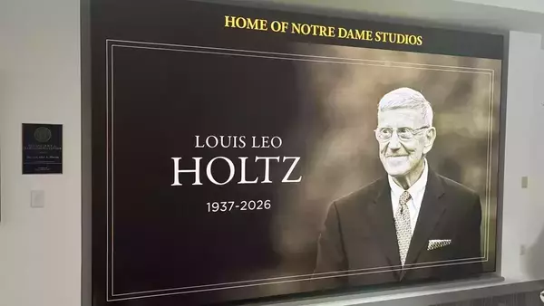 Lou Holtz 1936-2026 - Photo of Notre Dame Studios Videoboard
