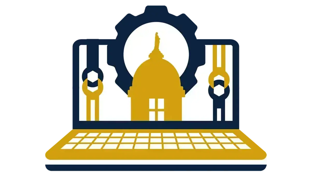 Notre Dame Service Desk Logo depicting a clean blue and gold graphic showing the dome along with gears and wrenches on a laptop.